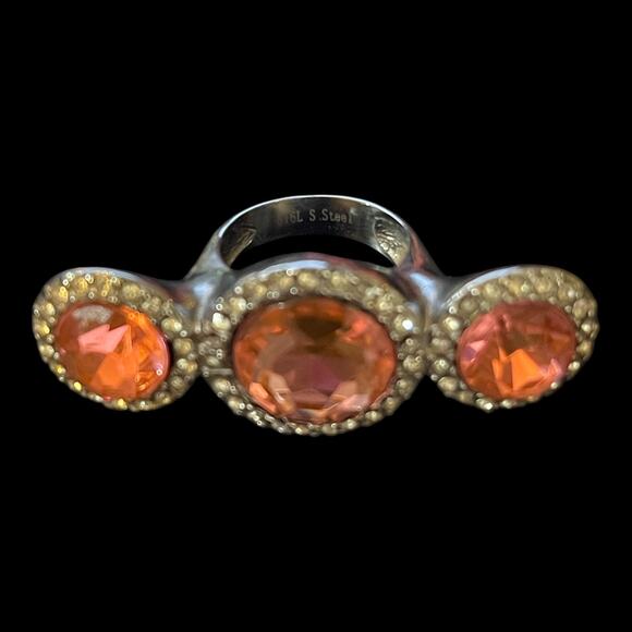 Pink Tri-Stone Cocktail Ring w/ Rhinestones Stainless Size 6.5 Statement Jewelry - Picture 1 of 9